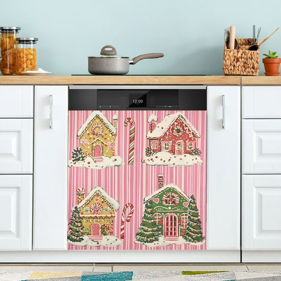 Yayeee Magnetic Dishwasher Cover for The Front Decoration Home Kitchen Machine Sticker Protector, Pink Christmas House