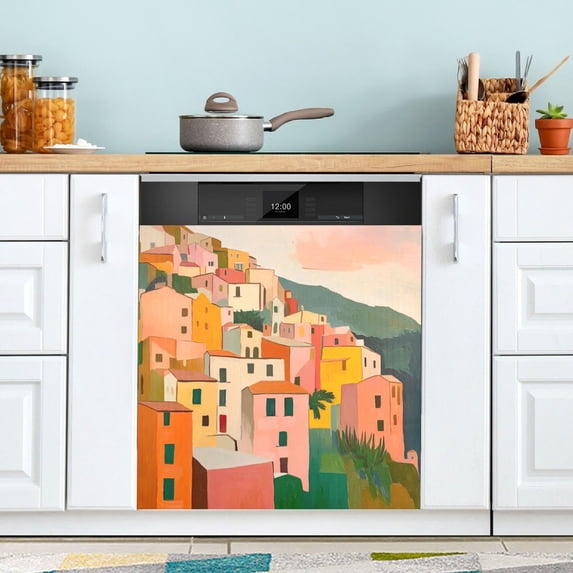 Yayeee Magnetic Dishwasher Cover for The Front Decoration Home Kitchen Machine Sticker Protector, Pink Cityscape Painting