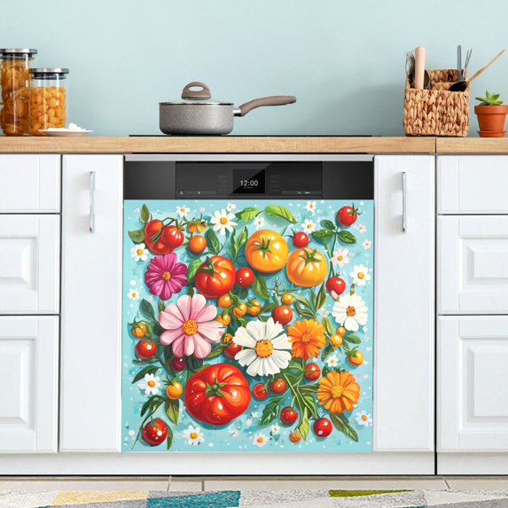 Yayeee Magnetic Dishwasher Cover for The Front Decoration Home Kitchen Machine Sticker Protector, Pink Floral Tomatoes