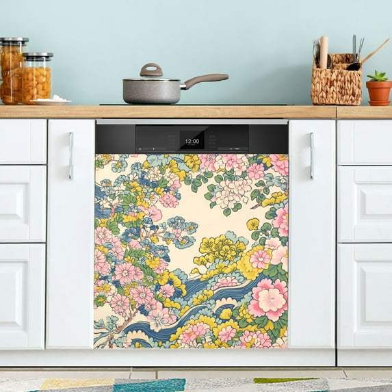 Yayeee Magnetic Dishwasher Cover for The Front Decoration Home Kitchen Machine Sticker Protector, Pink Floral Wave