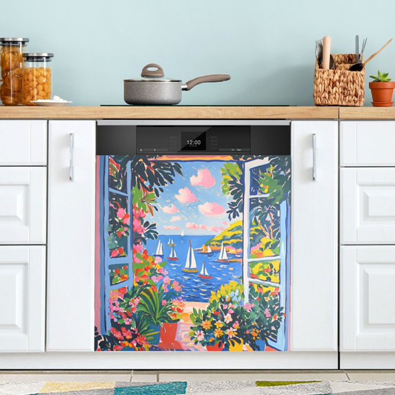 Yayeee Magnetic Dishwasher Cover for The Front Decoration Home Kitchen Machine Sticker Protector, Pink Floral Window