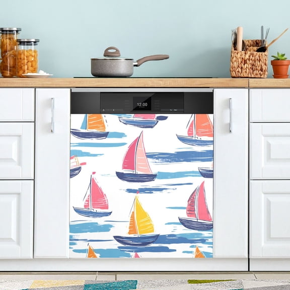 Yayeee Magnetic Dishwasher Cover for The Front Decoration Home Kitchen Machine Sticker Protector, Pink Hand Drawn Sailboats