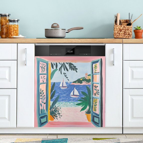 Yayeee Magnetic Dishwasher Cover for The Front Decoration Home Kitchen Machine Sticker Protector, Pink Seaside