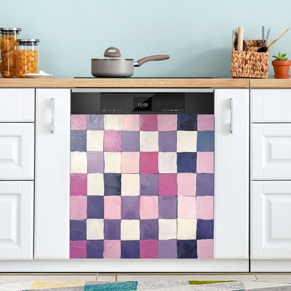 Yayeee Magnetic Dishwasher Cover for The Front Decoration Home Kitchen Machine Sticker Protector, Pink and Purple Plaid Pattern