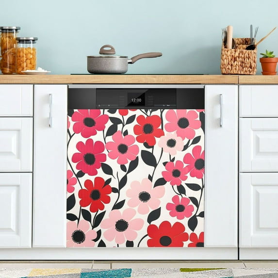 Yayeee Magnetic Dishwasher Cover for The Front Decoration Home Kitchen Machine Sticker Protector, Pink and Red Flowers