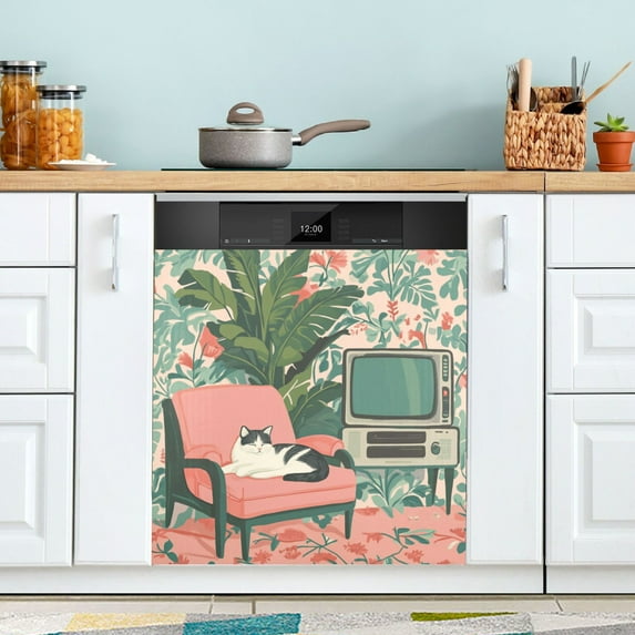 Yayeee Magnetic Dishwasher Cover for The Front Decoration Home Kitchen Machine Sticker Protector, Pink and White Cat