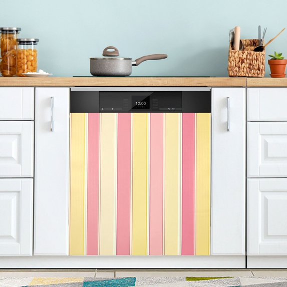 Yayeee Magnetic Dishwasher Cover for The Front Decoration Home Kitchen Machine Sticker Protector, Pink and Yellow Striped Pattern
