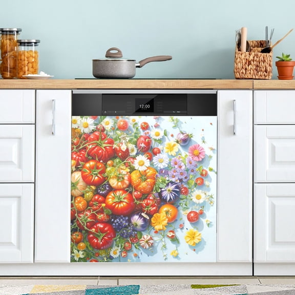Yayeee Magnetic Dishwasher Cover for The Front Decoration Home Kitchen Machine Sticker Protector, Purple Floral Tomatoes