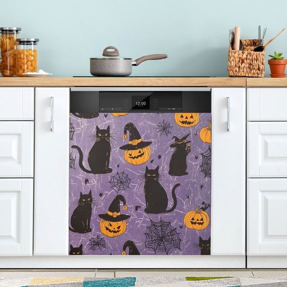 Yayeee Magnetic Dishwasher Cover for The Front Decoration Home Kitchen Machine Sticker Protector, Purple Halloween Black Cat