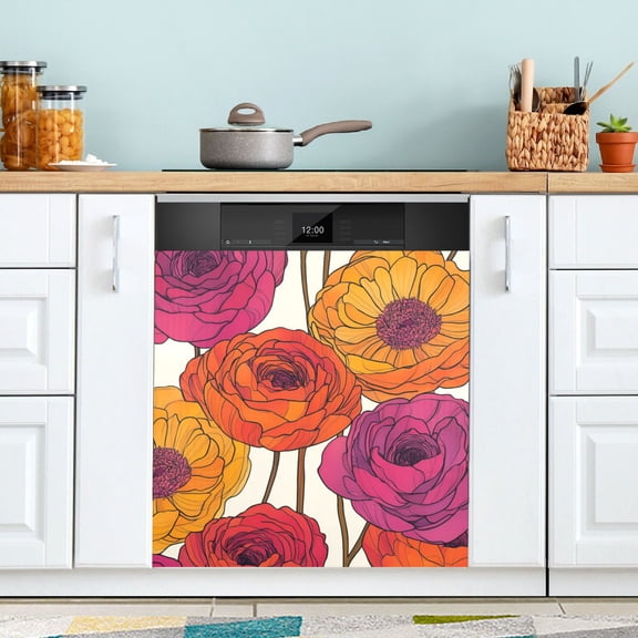 Yayeee Magnetic Dishwasher Cover for The Front Decoration Home Kitchen Machine Sticker Protector, Purple Hand Drawn Floral