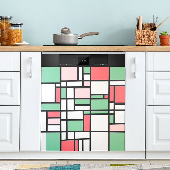 Yayeee Magnetic Dishwasher Cover for The Front Decoration Home Kitchen Machine Sticker Protector, Red Abstract Geometric