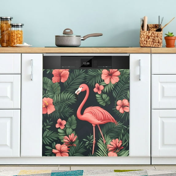 Yayeee Magnetic Dishwasher Cover for The Front Decoration Home Kitchen Machine Sticker Protector, Red Flamingo Pattern