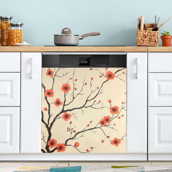 Yayeee Magnetic Dishwasher Cover for The Front Decoration Home Kitchen Machine Sticker Protector, Red Floral Pattern