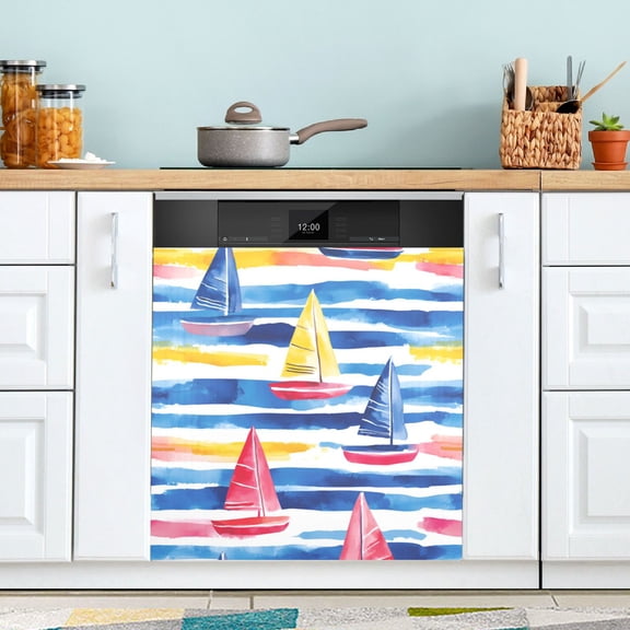 Yayeee Magnetic Dishwasher Cover for The Front Decoration Home Kitchen Machine Sticker Protector, Red Hand Drawn Sailboats