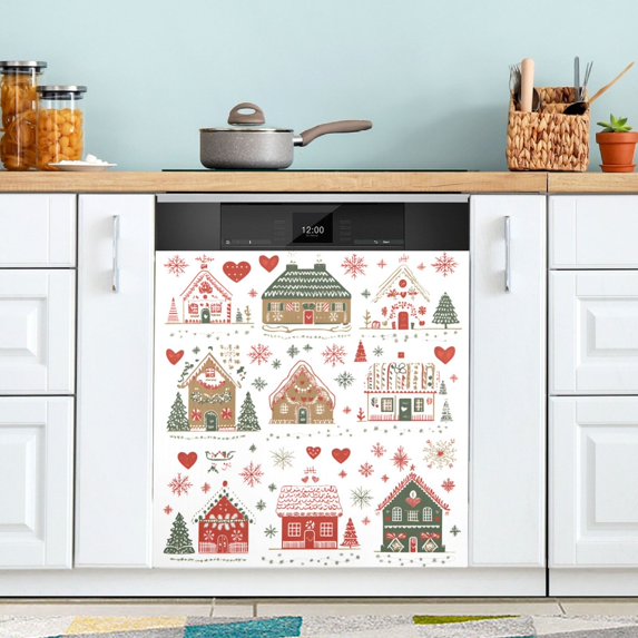 Yayeee Magnetic Dishwasher Cover for The Front Decoration Home Kitchen Machine Sticker Protector, Red Nordic Christmas House