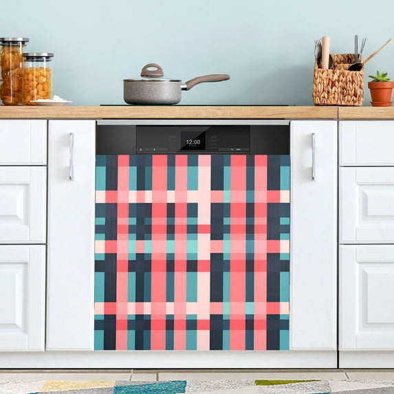 Yayeee Magnetic Dishwasher Cover for The Front Decoration Home Kitchen Machine Sticker Protector, Red Teal Stripes