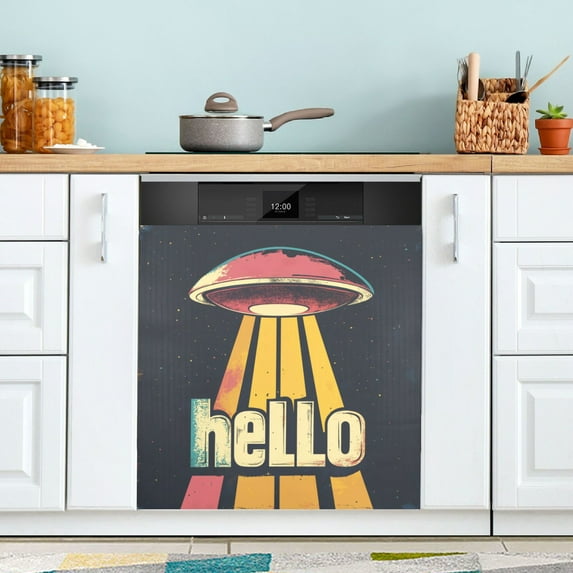 Yayeee Magnetic Dishwasher Cover for The Front Decoration Home Kitchen Machine Sticker Protector, Red UFO