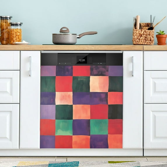 Yayeee Magnetic Dishwasher Cover for The Front Decoration Home Kitchen Machine Sticker Protector, Red and Purple Plaid Pattern