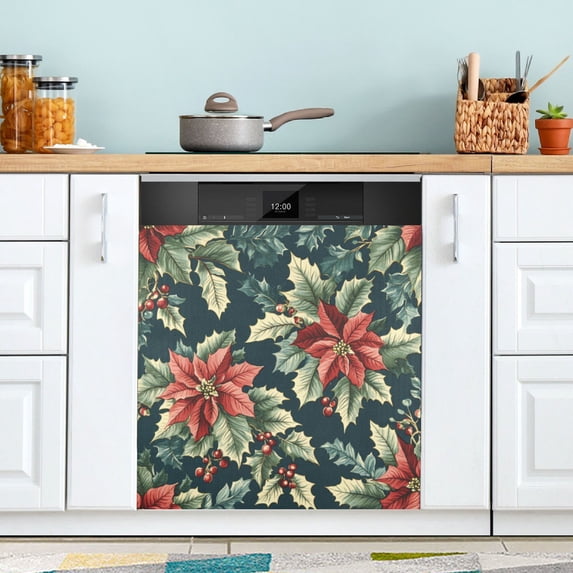 Yayeee Magnetic Dishwasher Cover for The Front Decoration Home Kitchen Machine Sticker Protector, Retro Christmas Poinsettia