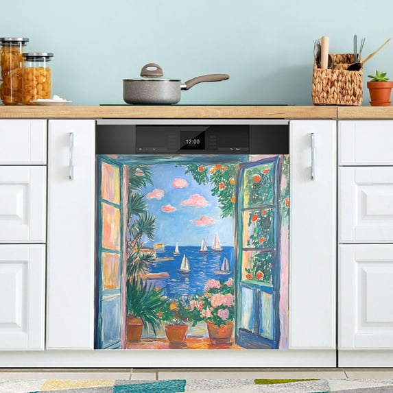 Yayeee Magnetic Dishwasher Cover for The Front Decoration Home Kitchen Machine Sticker Protector, Sea Window