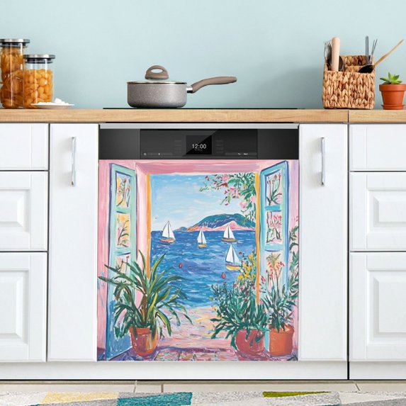 Yayeee Magnetic Dishwasher Cover for The Front Decoration Home Kitchen Machine Sticker Protector, Seaside Door