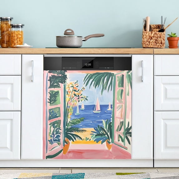 Yayeee Magnetic Dishwasher Cover for The Front Decoration Home Kitchen Machine Sticker Protector, Seaside Leaves