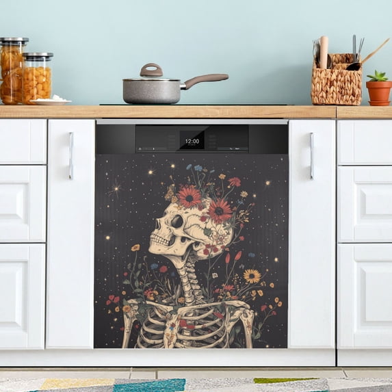 Yayeee Magnetic Dishwasher Cover for The Front Decoration Home Kitchen Machine Sticker Protector, Skeleton with Flowers Pattern