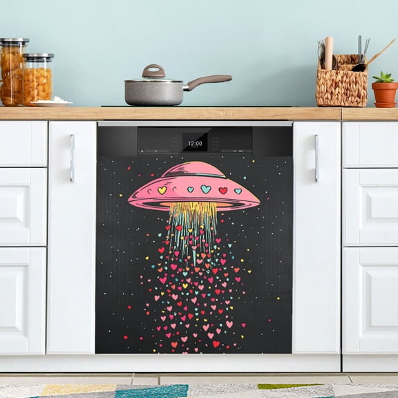 Yayeee Magnetic Dishwasher Cover for The Front Decoration Home Kitchen Machine Sticker Protector, UFO with Hearts Pattern