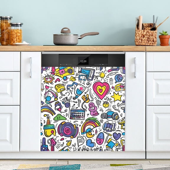Yayeee Magnetic Dishwasher Cover for The Front Decoration Home Kitchen Machine Sticker Protector, White Doodle Pattern