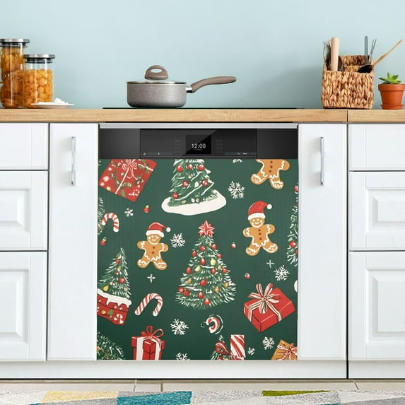 Yayeee Magnetic Dishwasher Cover for The Front Decoration Home Kitchen Machine Sticker Protector, Yellow Christmas Gingerbread