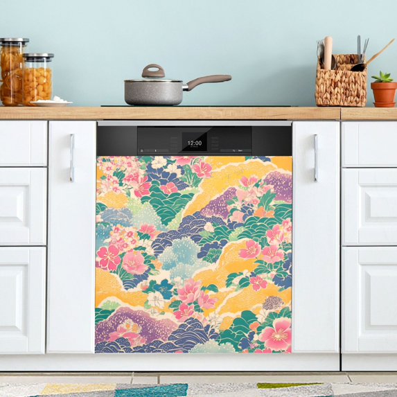 Yayeee Magnetic Dishwasher Cover for The Front Decoration Home Kitchen Machine Sticker Protector, Yellow Floral Wave