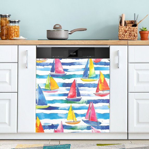 Yayeee Magnetic Dishwasher Cover for The Front Decoration Home Kitchen Machine Sticker Protector, Yellow Hand Drawn Sailboats