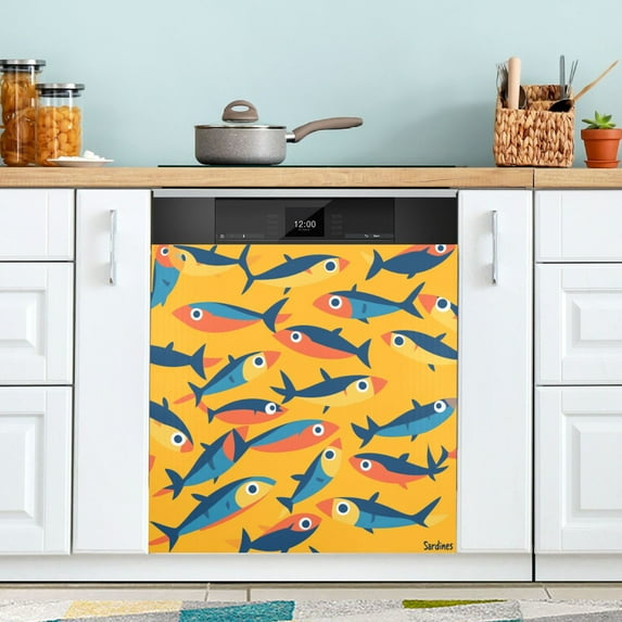 Yayeee Magnetic Dishwasher Cover for The Front Decoration Home Kitchen Machine Sticker Protector, Yellow Sardines Pattern
