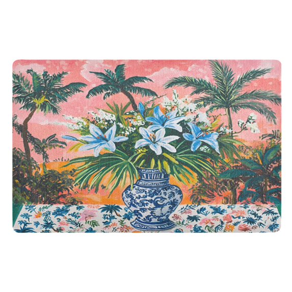 Yayeee Doormat for Inside 20"x32" Absorbent Low-Profile Washable Non-Slip Rubber Backed Entryway Rug, Blue Flowers