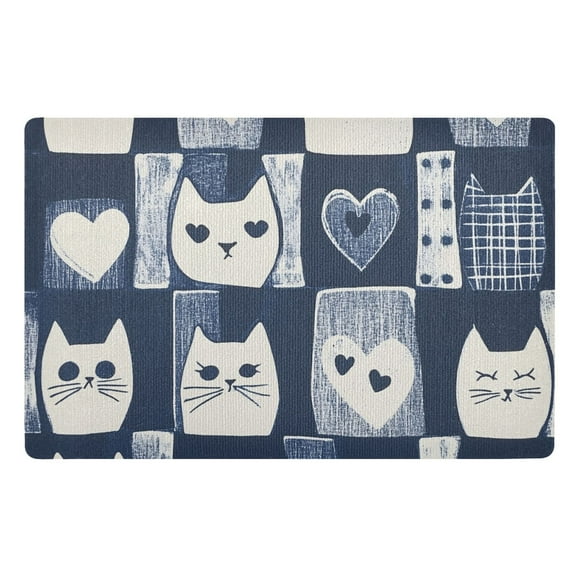 Yayeee Doormat for Indoor Entrance 32" x 20" Non Slippery Floor Rug, Blue Cats and Hearts