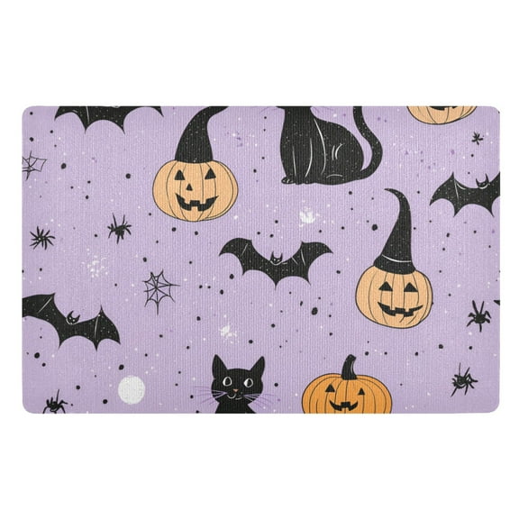 Yayeee Doormat for Indoor Entrance 32" x 20" Non Slippery Floor Rug, Light Purple Halloween Black Cat