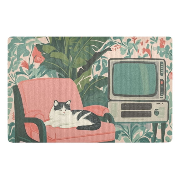 Yayeee Doormat for Indoor Entrance 32" x 20" Non Slippery Floor Rug, Pink and White Cat