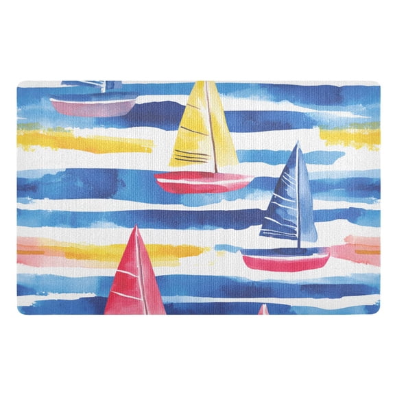 Yayeee Doormat for Indoor Entrance 32" x 20" Non Slippery Floor Rug, Red Hand Drawn Sailboats