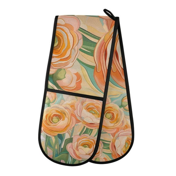 Yayeee Double Oven Mitt Kitchen Heat Resistant Baking 35" x7" Quilted Glove, Abstract Floral Art