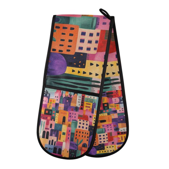 Yayeee Double Oven Mitt Kitchen Heat Resistant Baking 35" x7" Quilted Glove, Art Buildings