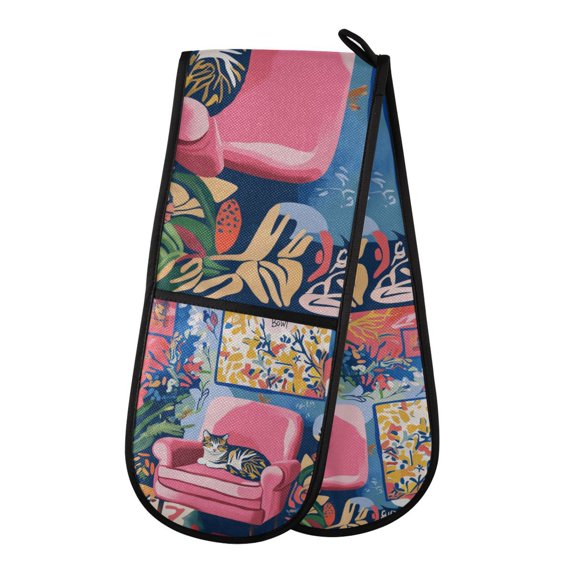 Yayeee Double Oven Mitt Kitchen Heat Resistant Baking 35" x7" Quilted Glove, Art Cat