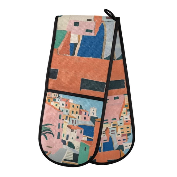 Yayeee Double Oven Mitt Kitchen Heat Resistant Baking 35" x7" Quilted Glove, Art City
