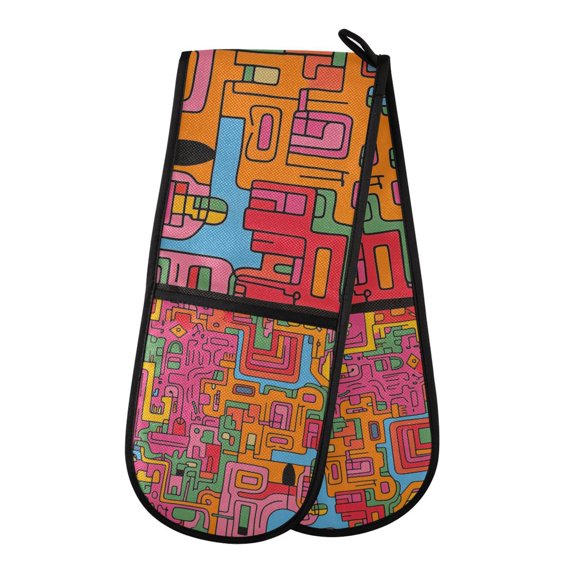 Yayeee Double Oven Mitt Kitchen Heat Resistant Baking 35" x7" Quilted Glove, Art City