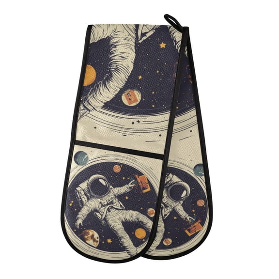 Yayeee Double Oven Mitt Kitchen Heat Resistant Baking 35" x7" Quilted Glove, Astronaut Floating