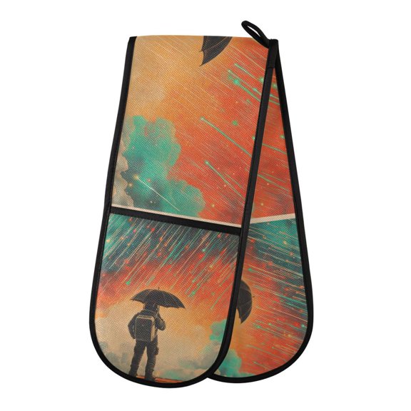 Yayeee Double Oven Mitt Kitchen Heat Resistant Baking 35" x7" Quilted Glove, Astronaut in Rain