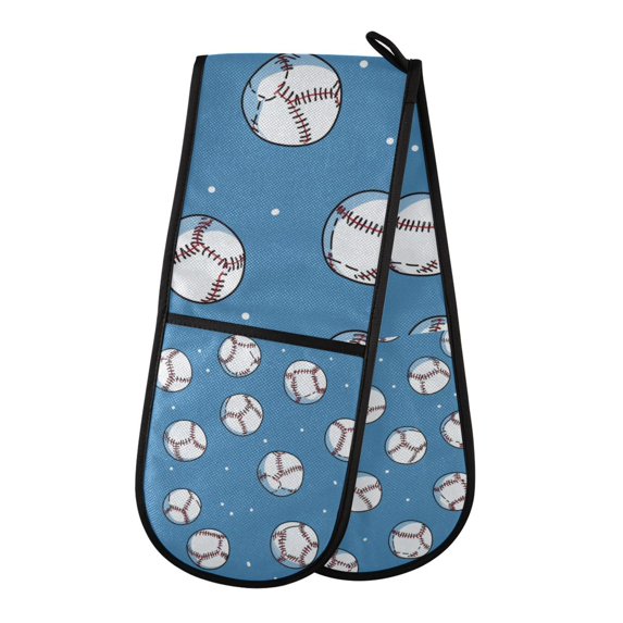 Yayeee Double Oven Mitt Kitchen Heat Resistant Baking 35" x7" Quilted Glove, Baseballs Pattern
