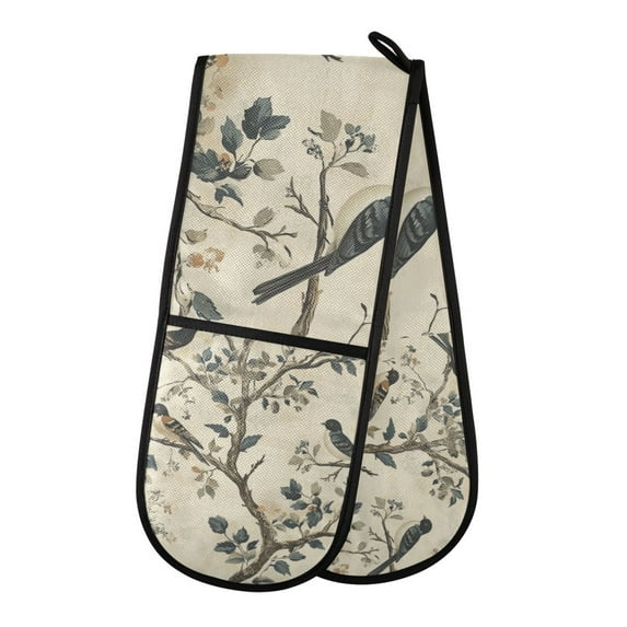 Yayeee Double Oven Mitt Kitchen Heat Resistant Baking 35" x7" Quilted Glove, Beige Birds