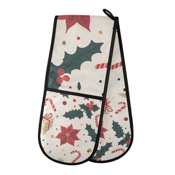 Yayeee Double Oven Mitt Kitchen Heat Resistant Baking 35" x7" Quilted Glove, Beige Christmas Candy Canes
