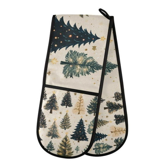 Yayeee Double Oven Mitt Kitchen Heat Resistant Baking 35" x7" Quilted Glove, Beige Christmas Trees
