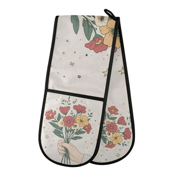 Yayeee Double Oven Mitt Kitchen Heat Resistant Baking 35" x7" Quilted Glove, Beige Cute Flower